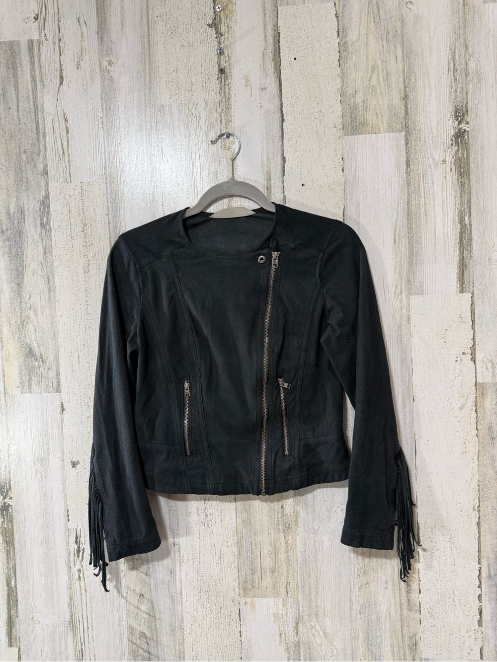 Hollister Fringe Jacket Faux Leather Suede Like Black Moto Jacket